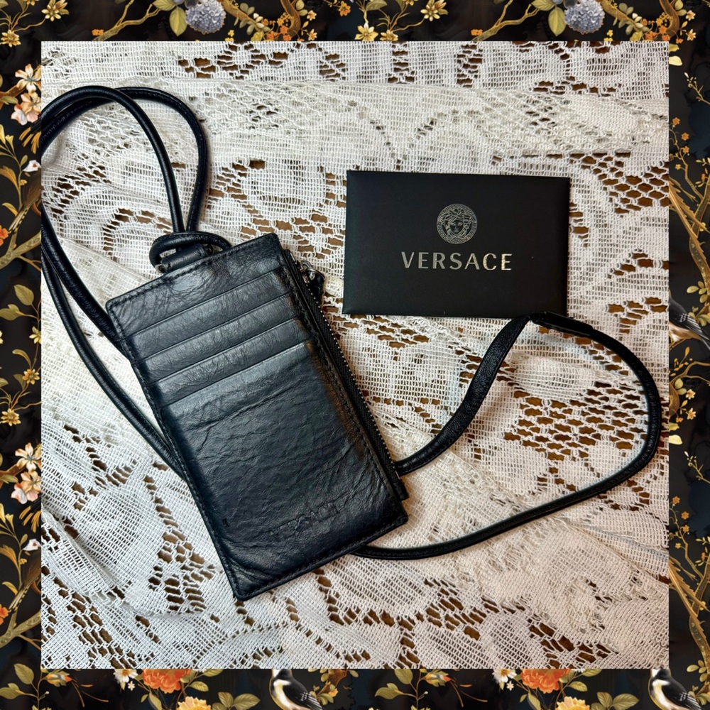 Versace Black Leather Lanyard Card Holder